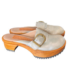 Jim Barnier Women's Wooden Heel Clog Silver Size 11 Platform Sandals Leather New